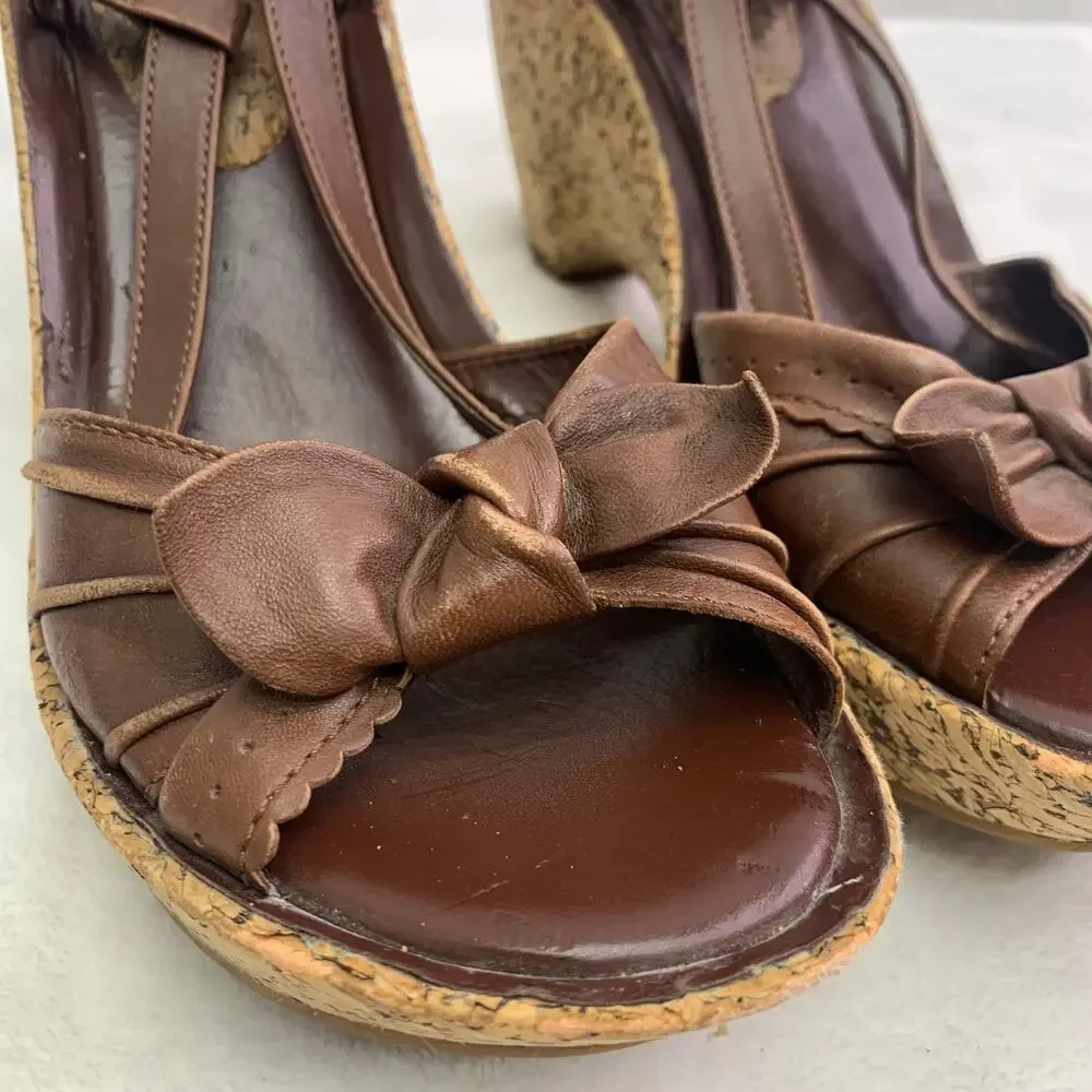 Firecracker Womens Sz 6 Leather Wedge Platform Sandals Heels Brown Bow Slingback
